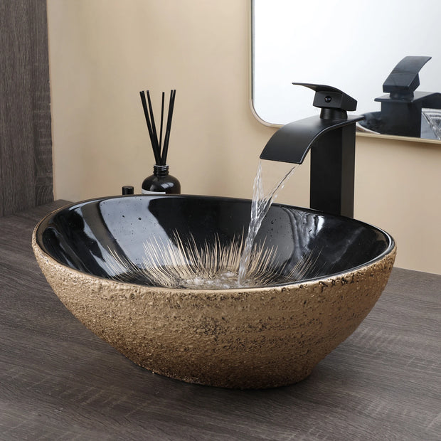 JIENI Oval Bathroom Sink Combo Marble Patterned Ceramics  Vessal Basin W/ Single Handle Hot Cold Faucet And Pop Up Drain