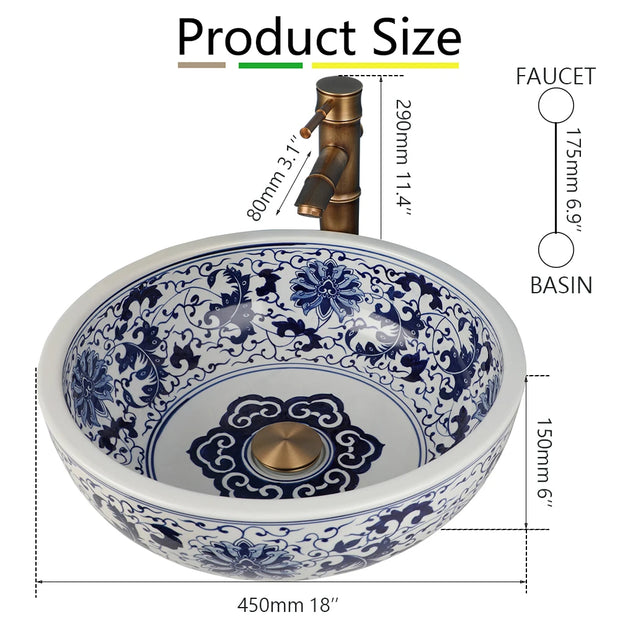 ZAPPO Jindezhen Ceramic Bathroom Vessel Sink Faucet Combo Round Washbasin Sinks for Bathroom Basin Sink Bowl with Mixer Tap