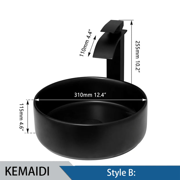 KEMAIDI Matte Black Bathroom Ceramic Washing Bowl Sink Above Counter Round Bathroom Sinks with Faucet Mixer Tap Set Deck Mounted