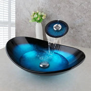 OUBONI Oval Bathroom Sink Faucet Set Tempered Glass Hand Painted Countertop Kit Bowl Washbasin W/ Faucet And Pop Up Drain