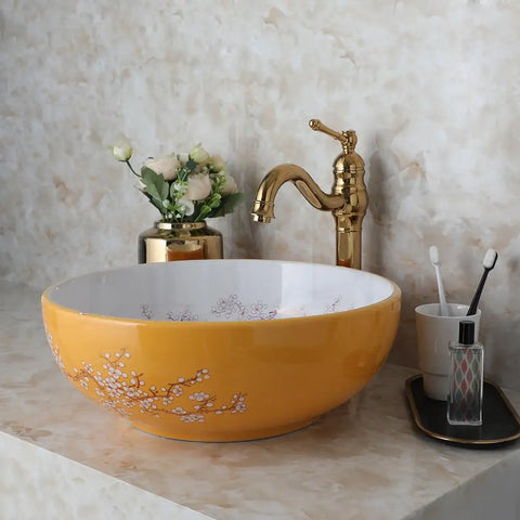 OUBONI Bowl Shaped Ceramic Bathroom Basin Set Art Flower Pattern Sink With Golden Or Antique Faucets Hot Cold Mixer Taps