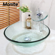 Monite Round Tempered Glass Bathroom Washbasin Sinks Countertop Transparent Glass Sink W/ Chrome Brass Waterfall Faucet Set