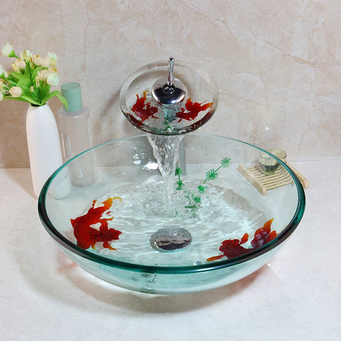 KEMAIDI Tempered Glass Bathroom Basin Sink Faucet Combo Glass Basin Vanity Vessel Sink with Goldfish Pattern and Faucet Set