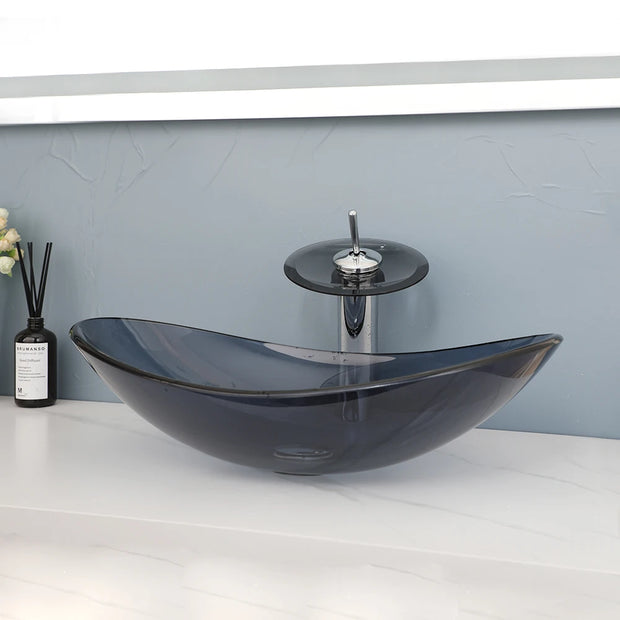 KEMAIDI Bathroom Vessel Sink Oval Glass Vessel Sink with Waterfall Faucet Tap Tempered Glass Bathroom Sinks Above Counter Basin