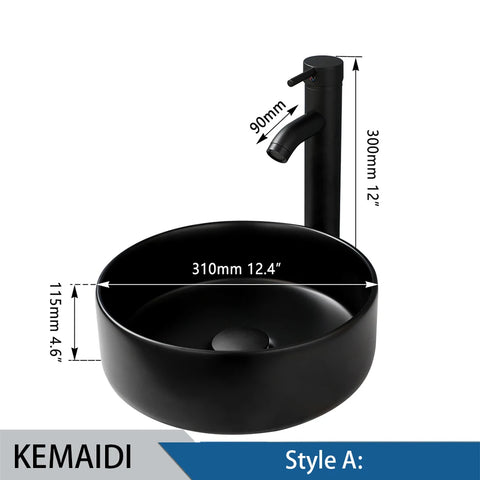 KEMAIDI Matte Black Bathroom Ceramic Washing Bowl Sink Above Counter Round Bathroom Sinks with Faucet Mixer Tap Set Deck Mounted