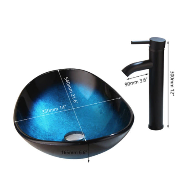 YANKSMART Blue Oval Tempered Glass Bathroom Sink Set Counter Top Lavatory Washbasin Matte Black Basin Faucet Tap W/ Pop-up Drain