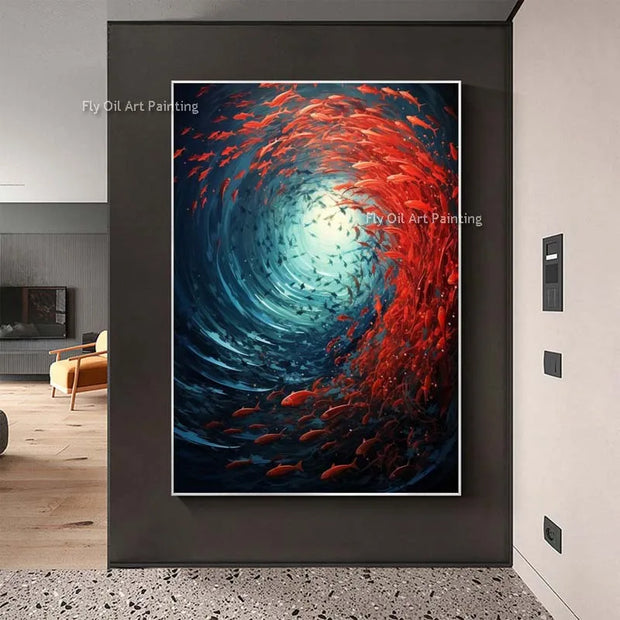 Mysterious Underwater Abstract Oil Painting Red Fish Swim In Crowds Original Design Canvas Wall Art  Handmade Abstarct Artwork