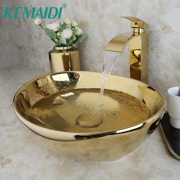 KEMAIDI Bathroom Vessel Sink 16 Inch Gold Ceramic Sink Bowl With Faucet Oval Bathroom Sink Above Counter Art Sink Washing Basin