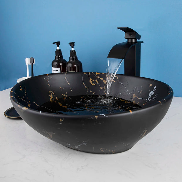 JIENI Oval Bathroom Sink Combo Marble Patterned Ceramics  Vessal Basin W/ Single Handle Hot Cold Faucet And Pop Up Drain