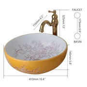 OUBONI Bowl Shaped Ceramic Bathroom Basin Set Art Flower Pattern Sink With Golden Or Antique Faucets Hot Cold Mixer Taps