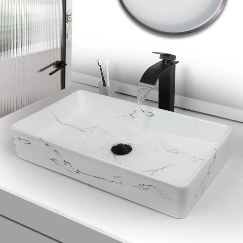 KEMAIDI Black Vanity Sink Rectangle Marble Bathroom Vessel Sink Above Counter Sinks for Bathrooms Porcelain Lavatory Faucet Set