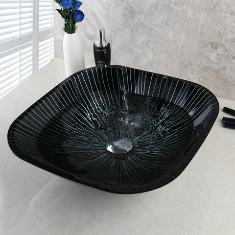 KEMAIDI Tempered Glass Basin Round/Oval/Square/Rectangular Shape White Stripes w/Hot & Cold Faucet Glass Bathroom Sink Set