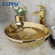 ZAPPO Luxury Large Gold Vessel Sink Ceramic Bathroom Sink Above Counter Washing Sink Faucet Combo with Faucets Drain Basin Sinks