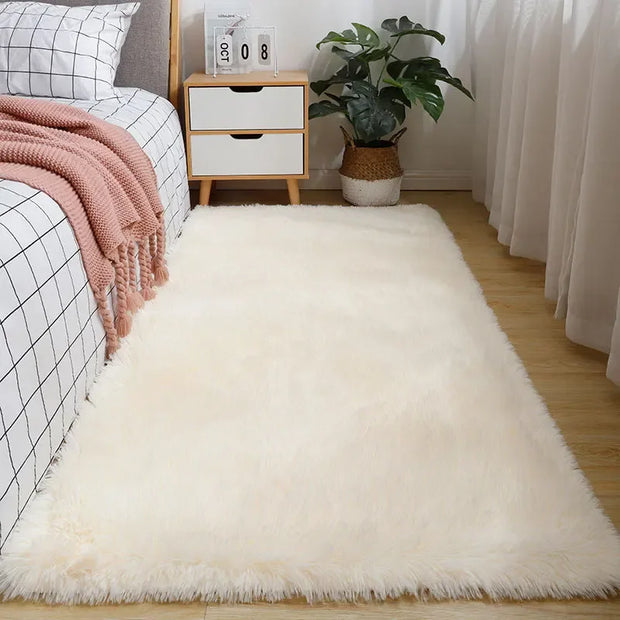 Fluffy Cream White Woolen Rug for Luxurious Bedroom and Living Room Decor - Bedroom and Living Room Soft and Cozy Silk Wool Rugs