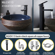 Round Navy Blue And Brown Ceramic Vessel Sink Carved Texture Lavatory Above Counter Art Basin Vanity Sink For Balcony Apartment