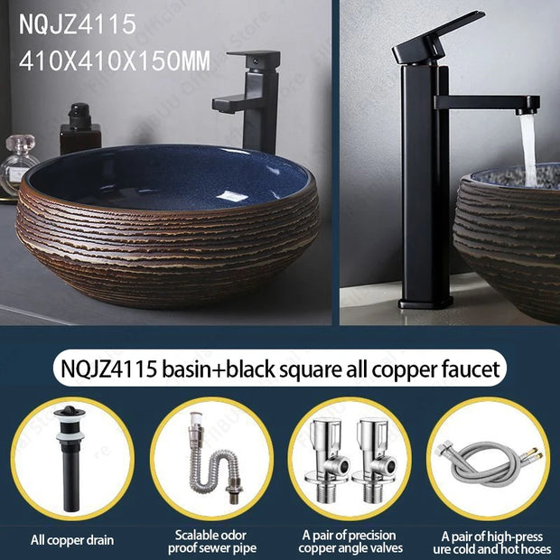 Round Navy Blue And Brown Ceramic Vessel Sink Carved Texture Lavatory Above Counter Art Basin Vanity Sink For Balcony Apartment