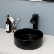 KEMAIDI Matte Black Bathroom Ceramic Washing Bowl Sink Above Counter Round Bathroom Sinks with Faucet Mixer Tap Set Deck Mounted