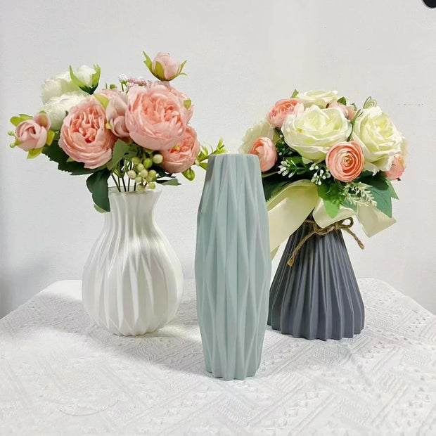 Plastic Flower Vase Imitation Ceramic White Flower Pot Basket Nordic Home Living Room Decoration Ornament Flower Arrangement