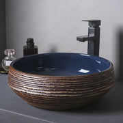 Round Navy Blue And Brown Ceramic Vessel Sink Carved Texture Lavatory Above Counter Art Basin Vanity Sink For Balcony Apartment