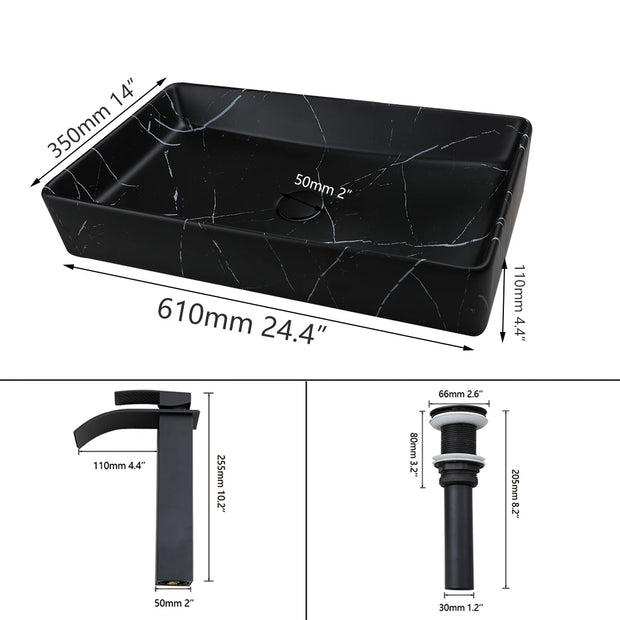 KEMAIDI Black Vanity Sink Rectangle Marble Bathroom Vessel Sink Above Counter Sinks for Bathrooms Porcelain Lavatory Faucet Set