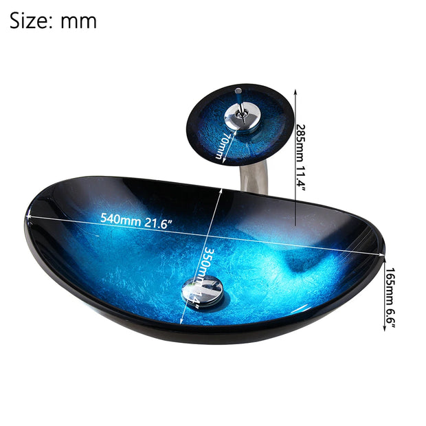 YANKSMART Tempered Glass Bathroom Sink Set Blue Oval Vessel Vanity Bowl Waterfall Black Faucet W/ Pop-Up Drain