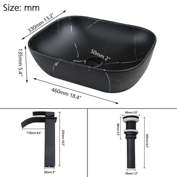 YANKSMART Marbla Bathroom Basin Sink Counter Top Ceramic Vessel Vanity with Black Mixer Waterfall Faucet and Pop-up Drain Set