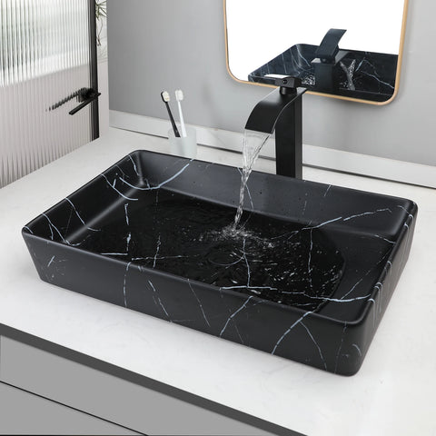 KEMAIDI Black Vanity Sink Rectangle Marble Bathroom Vessel Sink Above Counter Sinks for Bathrooms Porcelain Lavatory Faucet Set