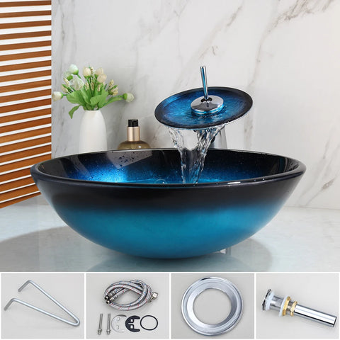 YANKSMART Blue Round Bathroom Tempered Glass Wash Basin Faucet Set Counter Top Washroom Basin Vessel Vanity Sink Mixer Tap