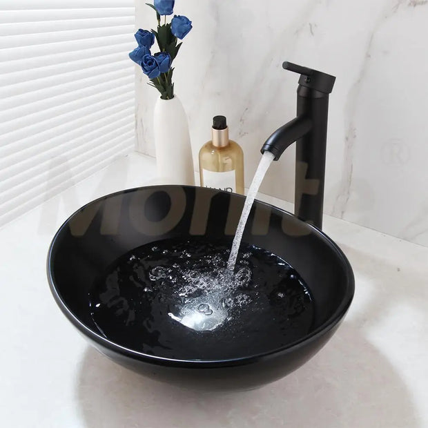 Monite Black Bathroom Ceramic Bowl Oval Washbasin Sink Handpainting Lavatory Bath Basin Combine W/ Brass Black Faucet Mixer Tap