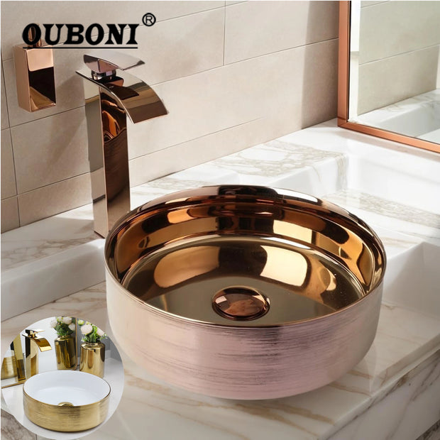 OUBONI Bathroom Round Basin Faucet Set Ceramic Art Sink Waterfall Hot Cold Mixer Tap With Single Lever Rose Gold Pop Up Drain