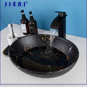 JIENI Oval Bathroom Sink Combo Marble Patterned Ceramics  Vessal Basin W/ Single Handle Hot Cold Faucet And Pop Up Drain