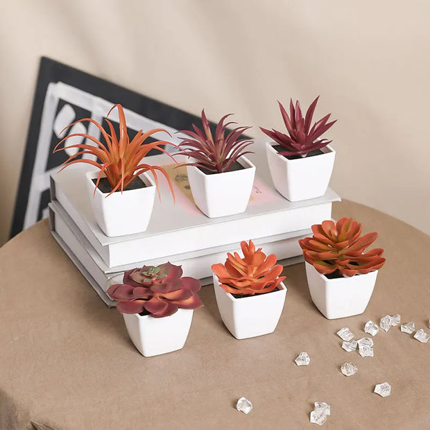 6PCS (SET) Mini Artificial Succulent Green Plant Plastic Wwhite Basin, Home Window Sill, Restaurant Desktop Bookshelf Decoration