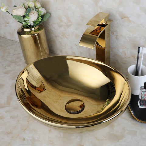 KEMAIDI Bathroom Vessel Sink 16 Inch Gold Ceramic Sink Bowl With Faucet Oval Bathroom Sink Above Counter Art Sink Washing Basin