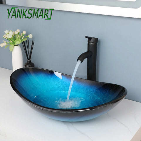 YANKSMART Blue Oval Tempered Glass Bathroom Sink Set Counter Top Lavatory Washbasin Matte Black Basin Faucet Tap W/ Pop-up Drain