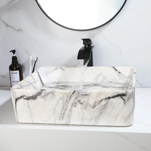 KEMAIDI Bathroom Vessel Sink Rectangular Ceramic Vessel Sink Tap Black Marble Bowl Sinks for Bathroom Vessel Sink Above Counter