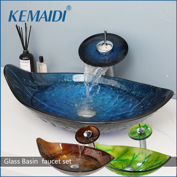 KEMAIDI Waterfall Basin Sink Faucet Combo Tempered Glass Oval Vessel Sink Above Counter Glass Bowl Bathroom Sinks with Mixer Tap