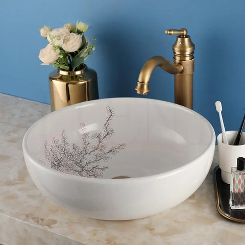 OUBONI Bowl Shaped Ceramic Bathroom Basin Set Art Flower Pattern Sink With Golden Or Antique Faucets Hot Cold Mixer Taps