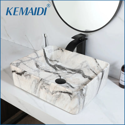 KEMAIDI Bathroom Vessel Sink Rectangular Ceramic Vessel Sink Tap Black Marble Bowl Sinks for Bathroom Vessel Sink Above Counter