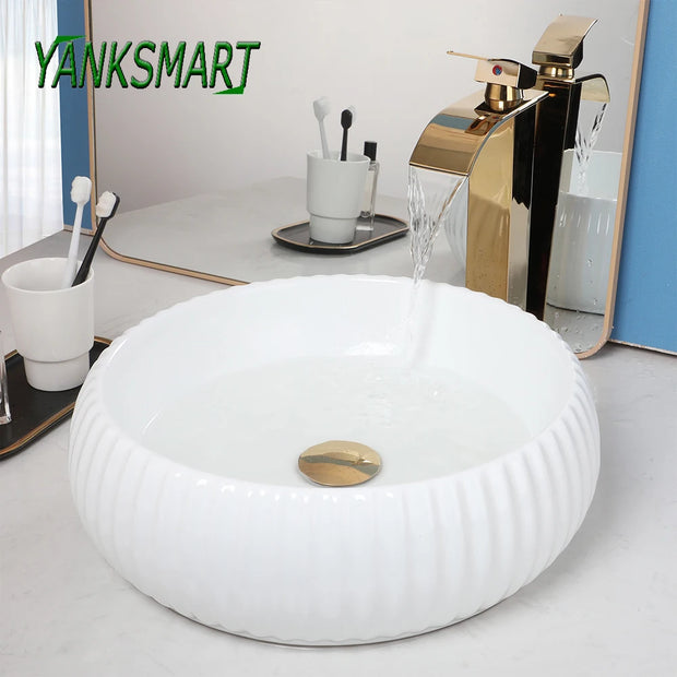 YANKSMART Round Bowl Bathroom Washbasin Sink White Ceramic Minimalist Counter Top Vessel Vanity with Faucet Pop-up Drain Set