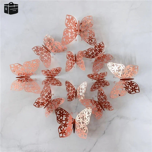 12Pcs/Set 3D Hollow Butterfly Wall Sticker Gold Silver Rose Butterflies Decal Sticker for Wedding Birthday Party Home Decoration