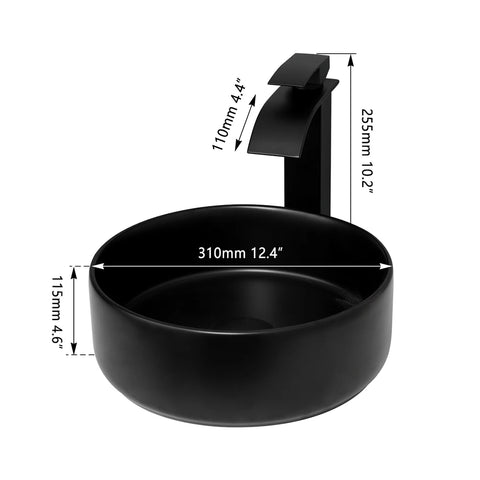 KEMAIDI Matte Black Bathroom Ceramic Washing Bowl Sink Above Counter Round Bathroom Sinks with Faucet Mixer Tap Set Deck Mounted