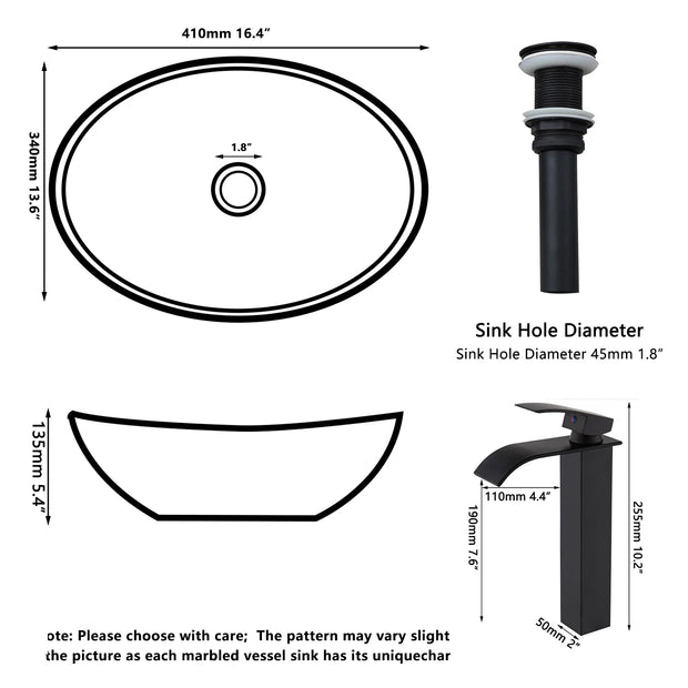 KEMAIDI Ceramic Vessel Sinks Oval Bathroom Sink Above Counter Vessel Sink with Faucet and Drain Combo 16 inch Marbling Vessel