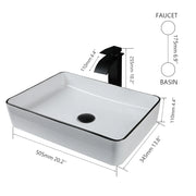 JIENI Bathroom Sink White Ceramic Basin Black Edge Rectangle Washbasin Faucet Set W/ Drainer Waterfall Outlet Hot Cold Mixer Tap