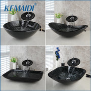 KEMAIDI Tempered Glass Basin Round/Oval/Square/Rectangular Shape White Stripes w/Hot & Cold Faucet Glass Bathroom Sink Set