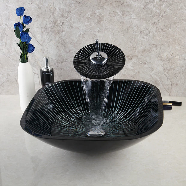 KEMAIDI Tempered Glass Basin Round/Oval/Square/Rectangular Shape White Stripes w/Hot & Cold Faucet Glass Bathroom Sink Set