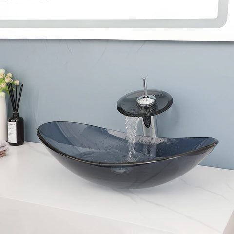 KEMAIDI Bathroom Vessel Sink Oval Glass Vessel Sink with Waterfall Faucet Tap Tempered Glass Bathroom Sinks Above Counter Basin