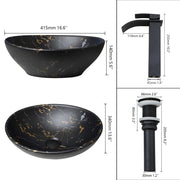 JIENI Oval Bathroom Sink Combo Marble Patterned Ceramics  Vessal Basin W/ Single Handle Hot Cold Faucet And Pop Up Drain