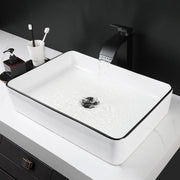 JIENI Bathroom Sink White Ceramic Basin Black Edge Rectangle Washbasin Faucet Set W/ Drainer Waterfall Outlet Hot Cold Mixer Tap