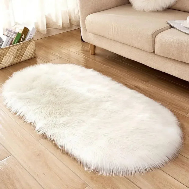 Faux Fur Area Rugs Large Oval Artificial Sheepskin Long Hair Carpets Floor White Wool Fluffy Soft Mats Bedroom for Living Room