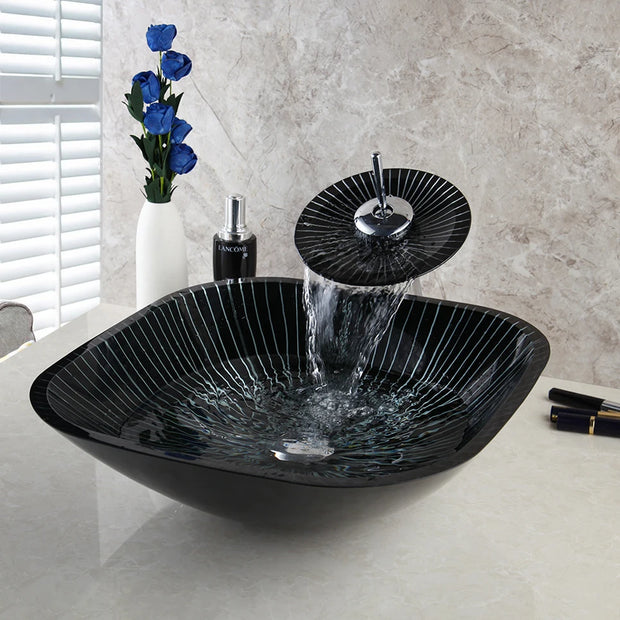 KEMAIDI Tempered Glass Basin Round/Oval/Square/Rectangular Shape White Stripes w/Hot & Cold Faucet Glass Bathroom Sink Set